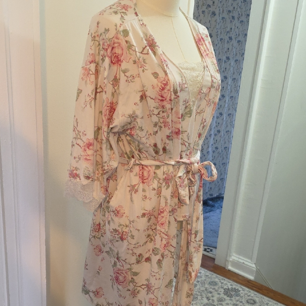 Flora Nikrooz Floral Satin Robe in Cream and Pink